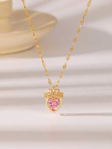 Collar con colgante de corona lujosa y corazón de rhinestone rosa, cadena de clavícula versátil y de moda para mujeres - Amor de la corona - Ver 9