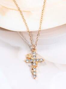 1件时尚玫瑰花缠绕十字架吊坠项链，镶嵌水钻，优雅女士款，适合日常佩戴、派对、赠送朋友和情侣。 - 玫瑰花十字架 - 查看 7