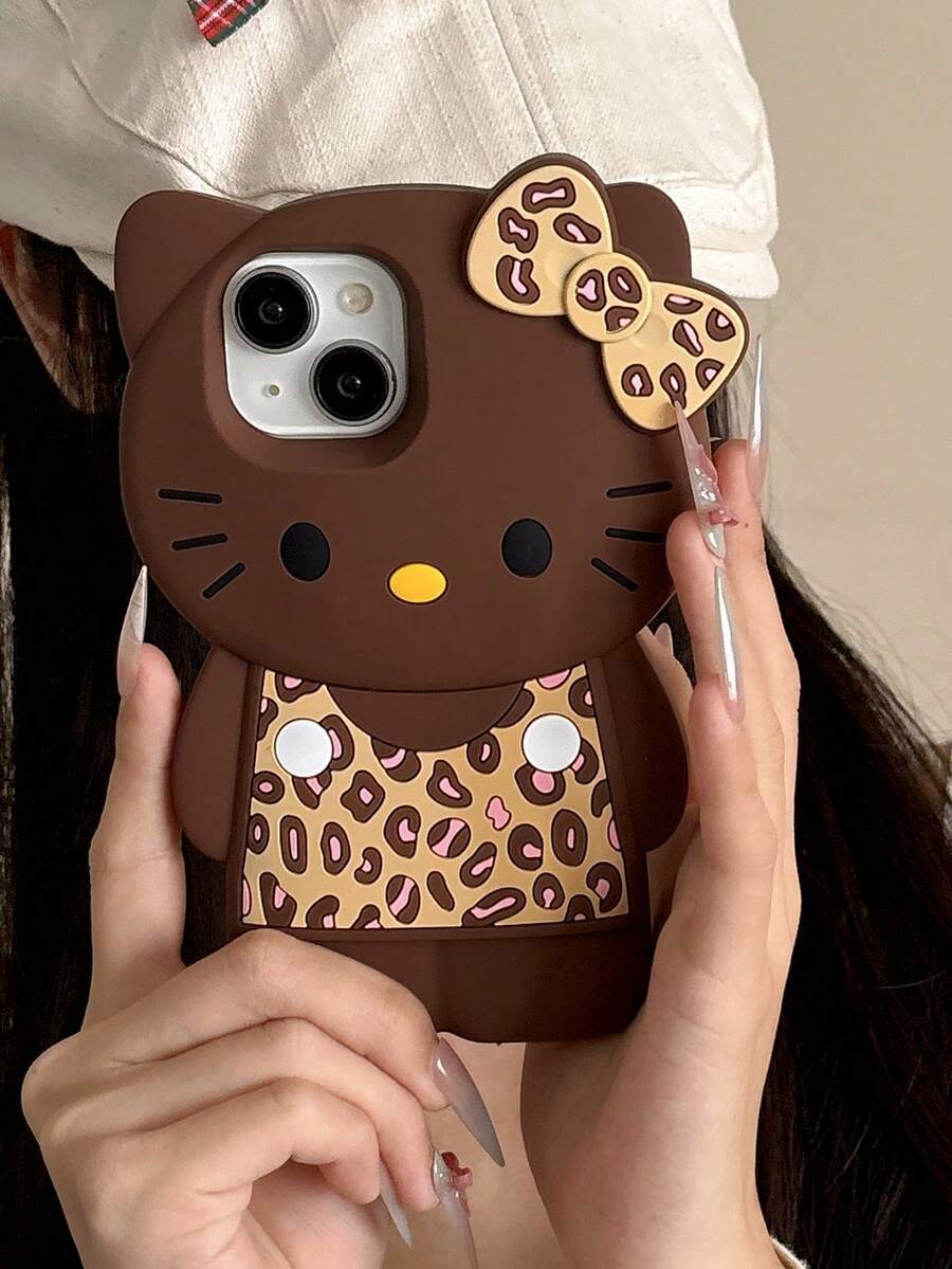 Sanrio 1pc Cute Cartoon Leopard Print KT Cat Phone Case Compatible With Apple 13/14/15/16/17/Pro Max