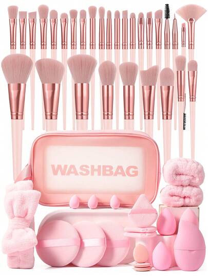 50PCS Makeup Tools Set Including:30PCS Makeup Brush Set+1pc Multi-Functional Zipper Toiletry And Cosmetic Bag Waterproof+1pc Hairband+3PCS Mini Makeup Sponges+2PCS Hand Bowl Strap+3PCS Circular Powder Puffs+3PCS Triangle Powder Puffs+3PCS Mini Air Cushion Powder Puffs+3PCS Makeup Sponges+1pc Facial Ice Compress,Beginner-Friendly | Travel-Ready & Gift-Ready | Perfect For Newbies/Her
