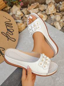 Women's Crocodile Embossed Floral Decor Strap Open Toe Platform Wedge Comfortable Lightweight Slide Sandals, Suitable For Vacation, Daily Indoor/Outdoor Wear, Beach, White Color, Random Pattern - White Crocodile Pattern - View 2