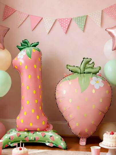 kumozawa 2pcs Strawberry 1st Birthday Number Foil Balloons, Strawberry Baby Birthday Party Decorations, Strawberry Balloons In Ins Style