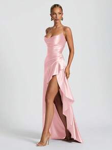 Women's Spaghetti Strap Sexy Tie-Up Ruffle Hem Slit Dress - Pink - View 3