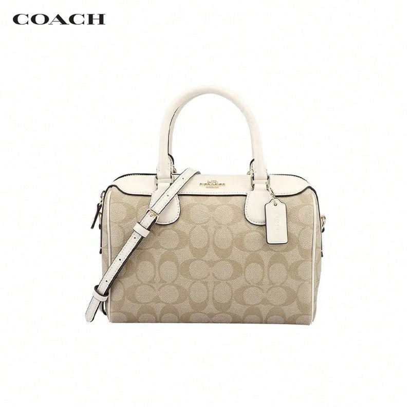 Coach Bennett 23 Adjustable Strap Zip Coated Canvas & Leather Colorblock Boston Satchel Shoulder Crossbody Bag, White/Tan 32203IMDQC, Pink/Tan F32203-IMBE5, Tan F32203-IME74, Brown/Black F32203-IMAA8, Grey/Black F32203-SUDK6 - White Brown 32203IMDQC - View 1