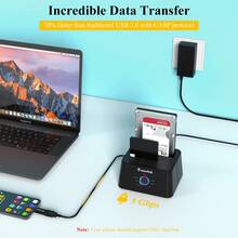 Station d'accueil pour disque dur à deux baies avec fonction de clonage hors ligne, convertisseur USB 3.0 et Type-C vers SATA pour disque dur/SSD de 2,5/3,5 pouces, compatible UASP et jusqu'à 2x16 To, comprend un adaptateur secteur 12 V/3 A - Prise de type UE C (220-240 V) - Voir 4