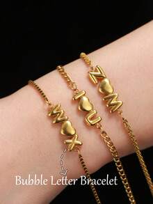 Customizable Name Bubble Letter Bracelet With Gift Box, Exquisite Personalized 3D Balloon Letter Heart Couple Bracelet, Stainless Steel Adjustable Square Bead Chain Simple Jewelry, Hip-Hop Style 3D Bubble 26 Uppercase Initial Cuban Link Bracelet - Gold-bubble Letters - View 5