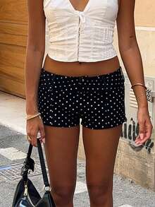 Women Summer Slim Fit Shorts Fashionable Dot Print Low Waist Mini Shorts For Beach Daily Wear - Black - View 2