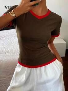YIU Women Knitted Fabric Short Sleeve Round Neck T-Shirt With 2-In-1 Contrast Binding Design Regular Length Non-Stretch Top Spring And Summer Clothes Suitable For Daily New Arrival - Brown - View 1