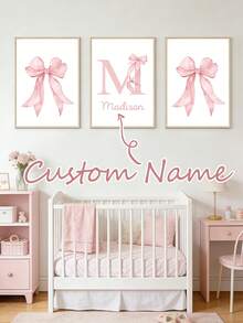 3 Pcs Custom Name Wall Art Poster Personalized Name Pink Bow Print Painting Modern Print Picture Lovely Hanging Picture Bedroom Wall Decoration Girls Room Decor Birthday Gift No Frame,Home Harmony,Xmas Decoration,For Housewarming - Pink - View 20