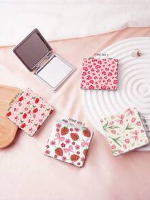 1pc Y2K Millennium Series Portable Vanity Folding Mirror, Lightweight, Ultra-Thin, Convenient Hand Mirror, PU Leather, Suitable For Multiple Scenarios, Foldable Pocket Mirror With Cartoon, Leopard, Bow, Cherry, Lily, Heart, Strawberry Printed Patterns, Delicate Folding Structure, Reliable, Shockproof, Easy To Carry - Multicolor - View 2