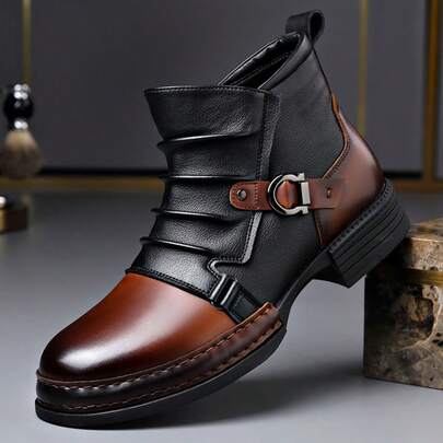 Plus Men's Contrasting Color Spliced Thick Soled Ankle Boots With Pleated Texture And Metallic Texture, Personalized Boots