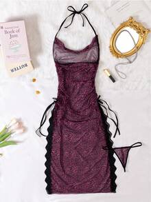 2pcs Sexy Lingerie High Slit Mesh Leopard Print Camisole Long Nightgown - Hot Pink - View 7