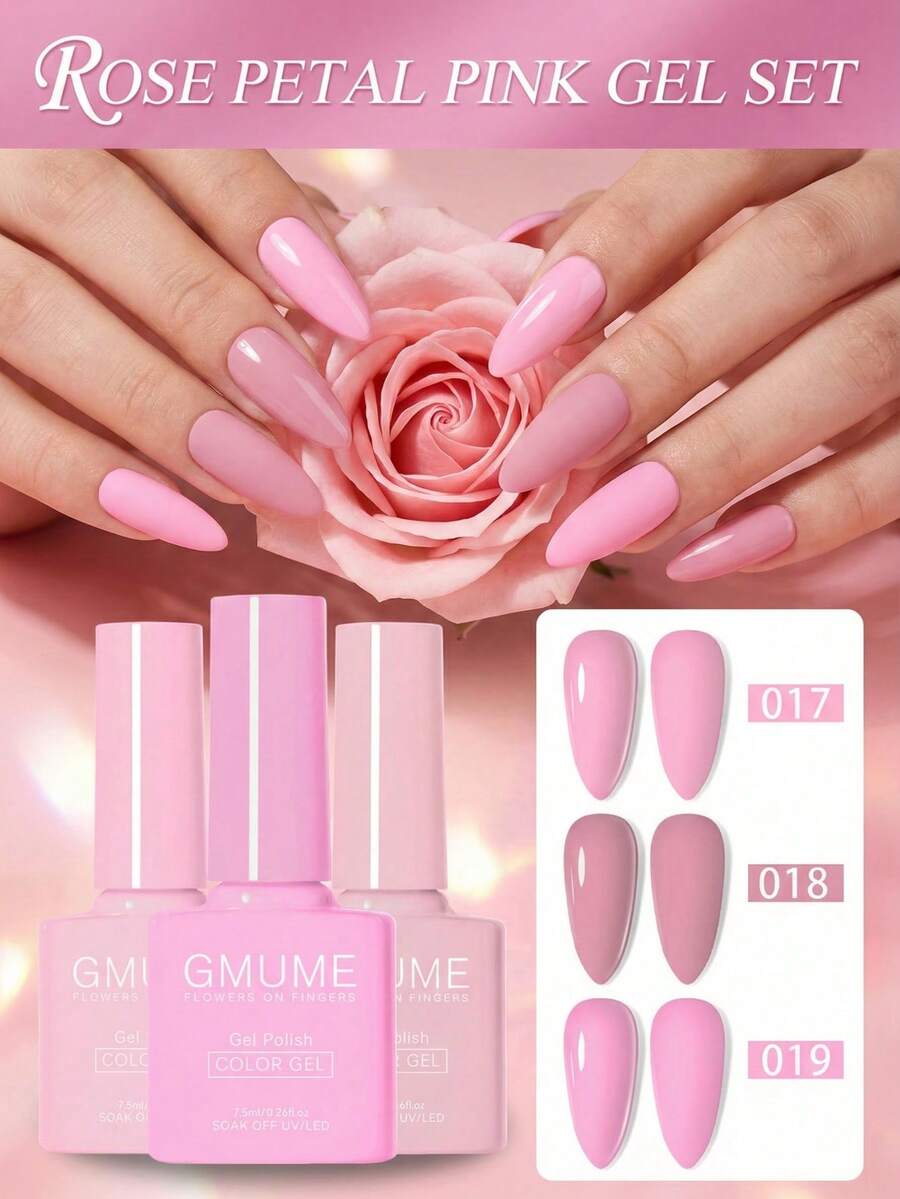 3瓶粉色凝胶指甲油套装 - 婴儿粉、灰玫瑰粉和泡泡糖粉，可卸UV/LED美甲套装，甜美女孩适用（7.5毫升/瓶）