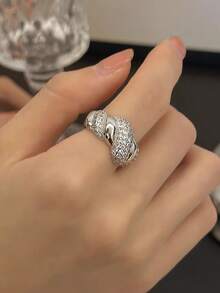 5件套奢华几何心形和花朵设计锆石镶嵌铜戒指套装,适合女士婚礼、节日、派对、搭配晚礼服(不含礼盒) - 銀色 - 查看 9