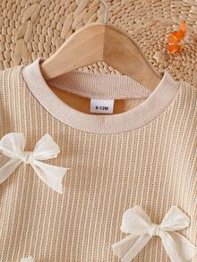 女婴两件套，浅棕色针织上衣饰有蝴蝶结，搭配同色系网纱裙，甜美可爱 - 杏色 - 查看 3