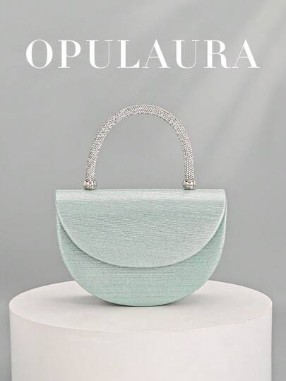 OpulAura 薄荷绿金属光泽不对称派对手拿包，闪亮水晶装饰磁扣手提包，优雅时尚，适合女士生日派对和迷人夜晚，理想的情人节礼物