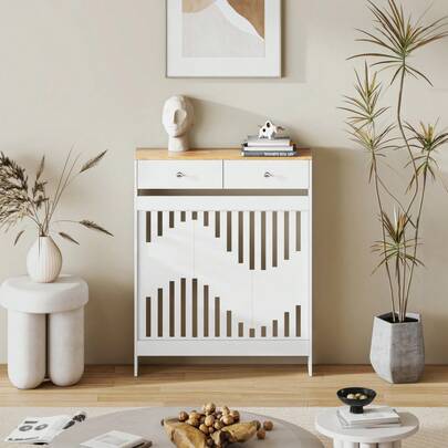 Radiator Cover With Drawers, White Wooden Radiator Shelf Pipe Covers Cabinet With Wavy Grill For Living Room Bedroom Hallway, 78Lx19Wx95Hcm