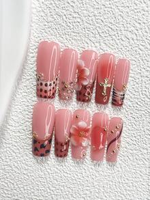 10pcs Orange Series Nail Art Set, Includes: Press-On Nail Stickers, French Manicure Stickers, Leopard Print Decorative Stickers, 5-Petal Flower Stickers, Cross Nail Decals, Gradient Blush Nail Stickers, Gold Glitter Nail Polish, And Matching Tools. Available In Coffin, Almond, And Pointed Shapes. Suitable For Parties, Holidays, Autumn/Winter, And Photo Shoots. Nails Handmade Press On Nails - 彩色 - 查看 13