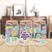 5张/套 UV DTF 杯贴套装，适用于16盎司玻璃罐，即撕即贴，包含励志心理健康贴纸，防水3D贴纸，适合DIY玻璃器皿