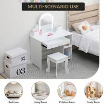 Tocador Infantil 2 en 1 con Espejo Iluminado | Mesa de Maquillaje para Niñas 3-9 Años con Cajón, Estantes y Banco - Color: Blanco (con accesorios) - Ver 11