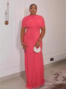 New Women's Clothing Pleated Slim-Fitting Waist-Wrapped Hip Solid-Color Dress Women - 紅色 - 查看 1