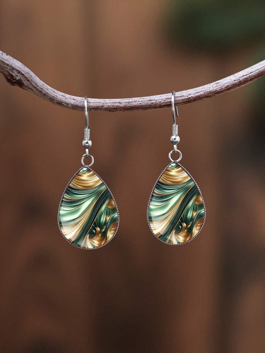 1 Pair Vintage Minimalist 316 Stainless Steel Teardrop Earrings With Sand Pattern, Elegant Jewelry Earrings Suitable For Women's Daily Wear And Gifts - Silver - View 1