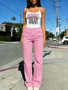 Women's Pink Classic Sweet Straight Leg Jeans, Y2K Casual Long Pants, Spring Everyday Fashion Must-Have - Pink - View 5