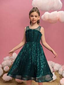ALISA&LEO Girls' Sleeveless Sequin Pageant Dress With Ruched Bodice, V Neckline And Bow Back​ - Flower Girl Dress, Birthday Party, Pageant Gown, Holiday Celebration - Dark Green - View 1