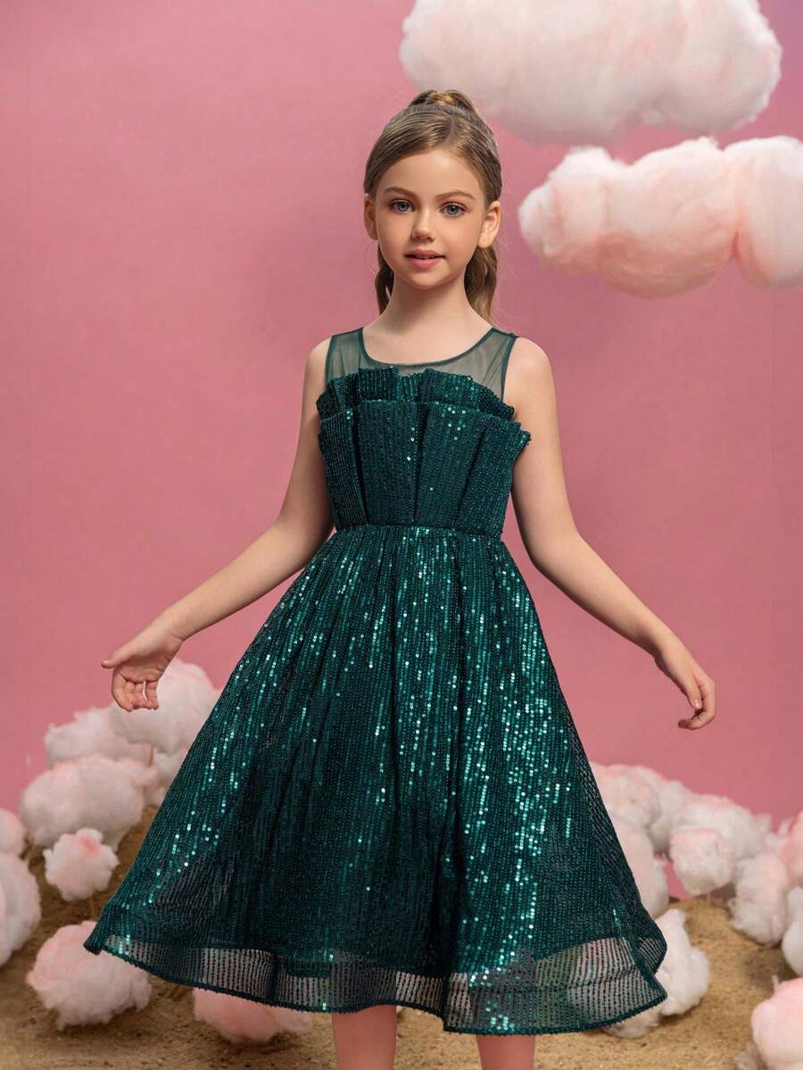 ALISA&LEO Girls' Sleeveless Sequin Pageant Dress With Ruched Bodice, V Neckline And Bow Back​ - Flower Girl Dress, Birthday Party, Pageant Gown, Holiday Celebration - Dark Green - View 1