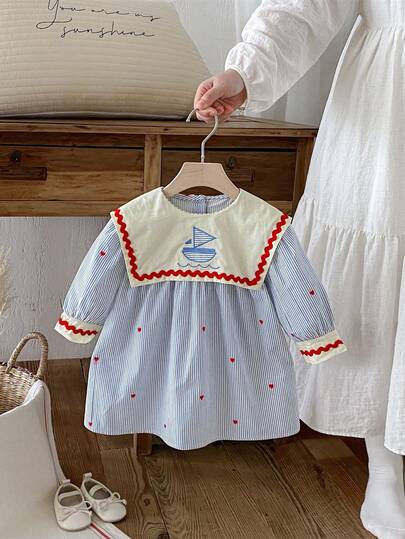 1pc Girls Blue Striped Embroidered Sailboat & Heart Print Casual Dress, Fashion For Young Girl, Spring
