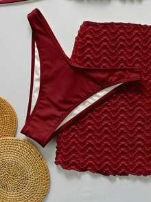 Bikinx 2026 Summer 3pcs Women's Wave Pattern Halterneck Sexy Bikini Tankini Suit With Cover-Up Fairy Skirt For Beach Vocation - 紅色 - 查看 4