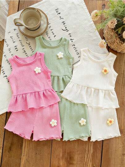 6pcs/Set Baby Girls' Summer New Dopamine Color Textured Fabric Floral Embroidery Solid Color Round Neck Top And Shorts Casual Cute Outfit