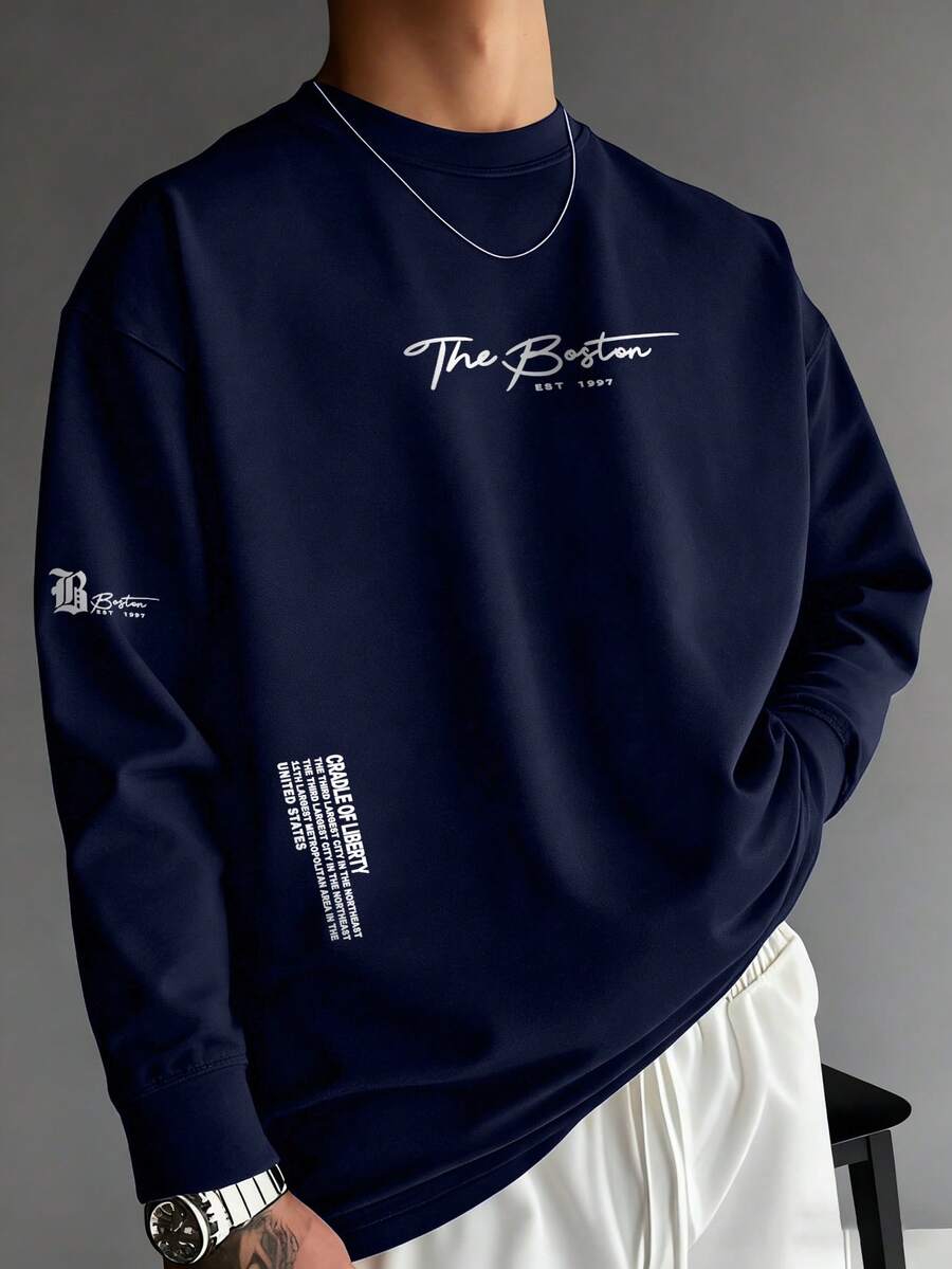 Men's Casual Printed Round Neck Long Sleeve T-Shirt, Fashion & Versatile, Spring/Autumn - Navy Blue - View 1