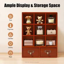 Vintage Brown Wooden Display Cabinet 9 Compartments 2 Drawers 33.3*10*42.5cm Wall Mount Freestanding For Collectibles Figurines Jewelry Storage - 棕色 - 查看 9