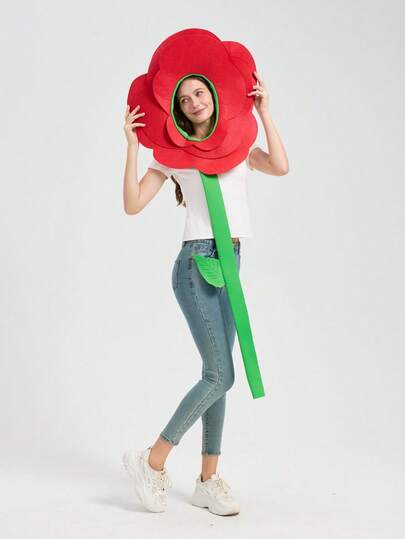 1pc Valentine's Day Red Rose Confession Costume, Red Flower Green Leaf Carnival Halloween Cosplay Costume, Suitable For Adults, One Size