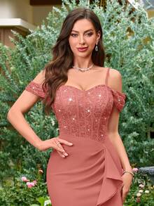 MIUSOL Vestido de cóctel ajustado con volantes asimétricos, encaje floral y lentejuelas - Rosa vieja - Ver 11