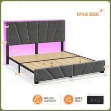 EnHomee Queen/King Size Bed Frame With LED Lights And Charging Station Platform Bed With Storage Headboard Sturdy Wooden Slats Support, Noise-Free, Easy Assembly, Grey - 查看 10