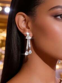 1对精致领结水滴吊坠耳环，优雅立方氧化锆时尚耳环，适合女性订婚、婚礼、生日派对等场合佩戴，铜质首饰 - 白色 - 查看 3