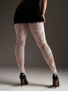 1pc Women's Plus Size Fishnet Tights, Gothic Punk Vintage Black Elastic Sheer Fishnet Pantyhose, Versatile Geometric Pattern Leggings Suitable For Christmas, Halloween, All Seasons - White - View 5