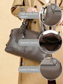 Genuine Leather Satchel Tote Bag Top Handle Handbag Designer Shoulder Bag Large Capacity Cross Body Bag,New Vintage PU Leather Women Handbag, Fashion Zipper Shoulder Bag With Detachable Strap, Women Work Travel 2-In-1 Bag, Gray, Black, Green - 彩色 - 查看 10