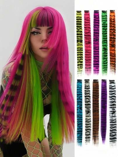 Extensiones de cabello con clip integradas sin costuras de seda tejida con estampado sintético de leopardo, diseño colgante de oreja, teñido de cabello, peluca recta invisible resistente al calor, peluca con clip sintética adecuada para usar en cualquier ocasión, festival de música, Navidad y Año Nuevo