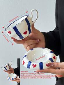 1pc Blue Striped Heart Design Ceramic Mug & Saucer Set, Cute Korean Ins Style Girly Mug With Matching Striped Heart Coaster, Ideal Choice For Breakfast, Tea Or Coffee Cup, Perfect Birthday Or Holiday Gift, Suitable For Home Use