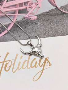1pc Fashionable Versatile Ox Head Minimalist Luxury Stainless Steel Pendant Necklace, Suitable For Couples - Bull Head - View 7