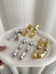 1 Pair Vintage Asymmetric Water Drop Tassel Earrings, Minimalist Exaggerated Beaded Dangle Earrings, Charming Earrings For Women - Silver - View 6