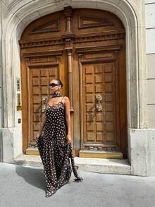Women's Elegant Polka Dot Sleeveless Dress & Scarf Party - Brown - View 4