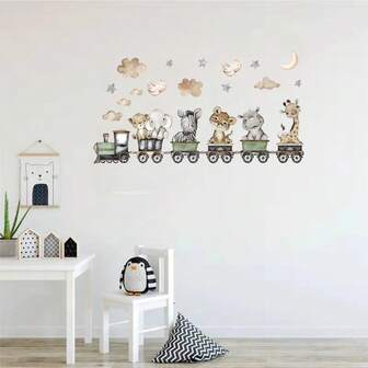 1 st väggdekor med tecknat djur, elefant, leopard, giraff, tåg, lämplig för barnrum, vardagsrumsinredning, söt tecknad film, heminredning