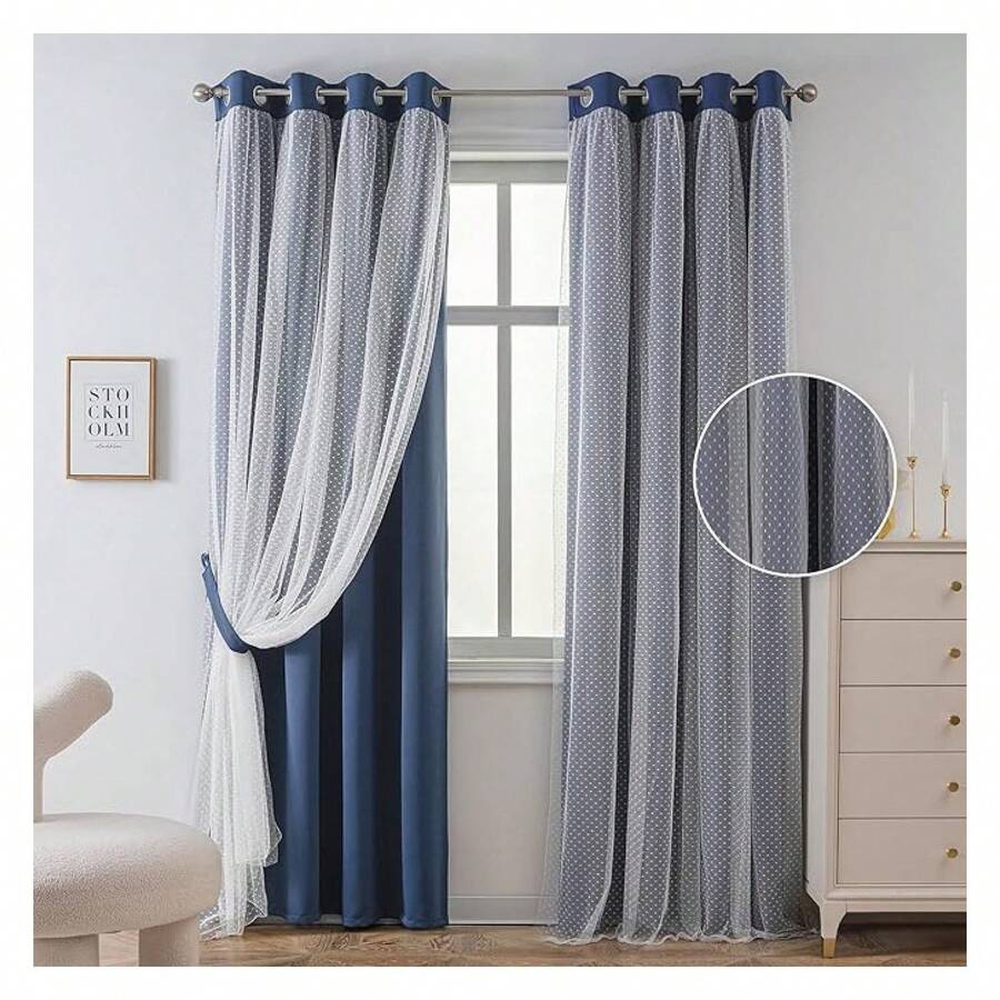 Navy Blue Blackout Curtains Bedroom - Polka Dot Sheer, 52x95 Inch - 如圖26 - 查看 1