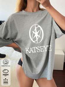 100%棉女式T卹，KATSEYE 組合主題圖案T卹，春夏 四季 新款運動女裝，時尚柔軟透氣女式短袖上衣 - 灰色 - 查看 1