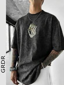 Áo thun nam GRDR phong cách retro đường phố hip hop in hình tiền giấy, cổ tròn, tay ngắn, chất liệu wash, thoải mái và thoáng khí cho mùa hè. - màu đen - Xem 4