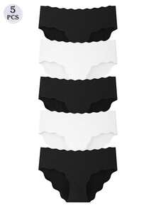 Set de 5 piezas de ropa interior sin costuras para mujeres, cómoda y transpirable, con borde ondulado de seda en color negro y blanco - Blanco y Negro - Ver 3